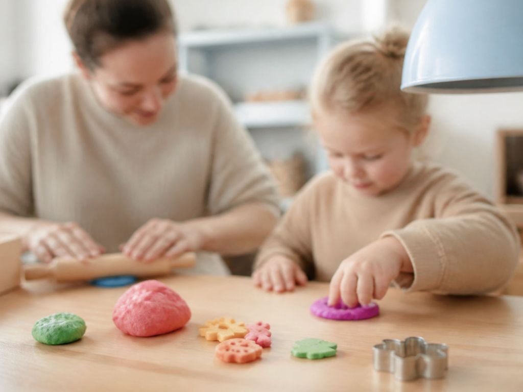 Betreuerin spielt mit Kind und Knete