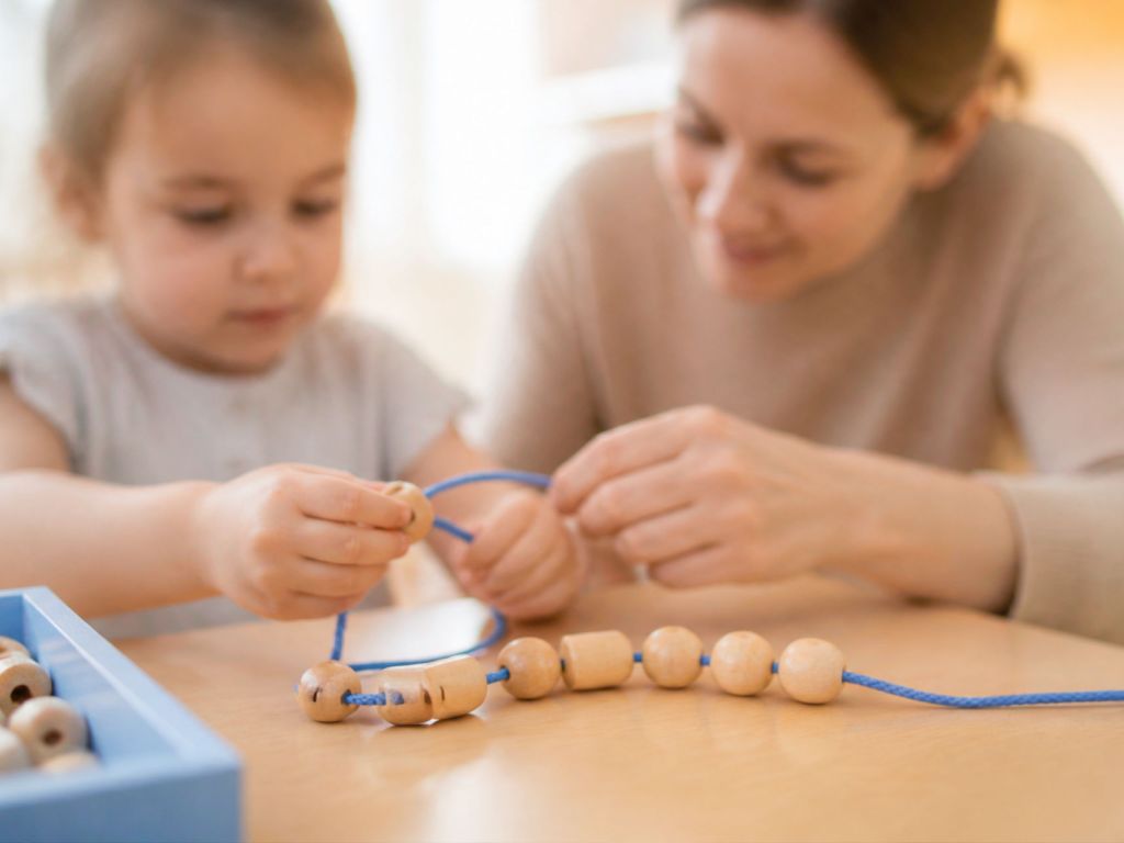 Ein Kind bastelt eine Kette mit einer Kinderpflegerin