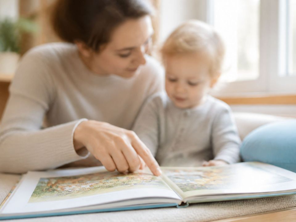Ein Kleinkind betrachtet zusammen mit einer Kinderpflegerin ein Bilderbuch