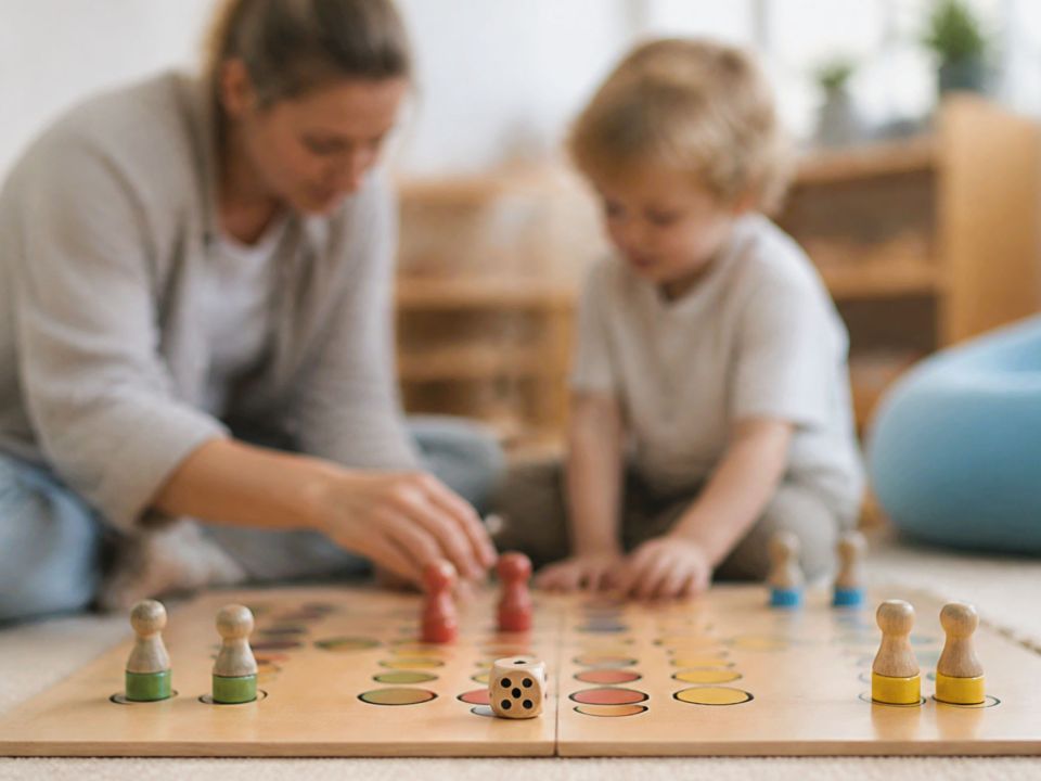 Ein Junge spielt mit der Erzieherin ein Brettspiel