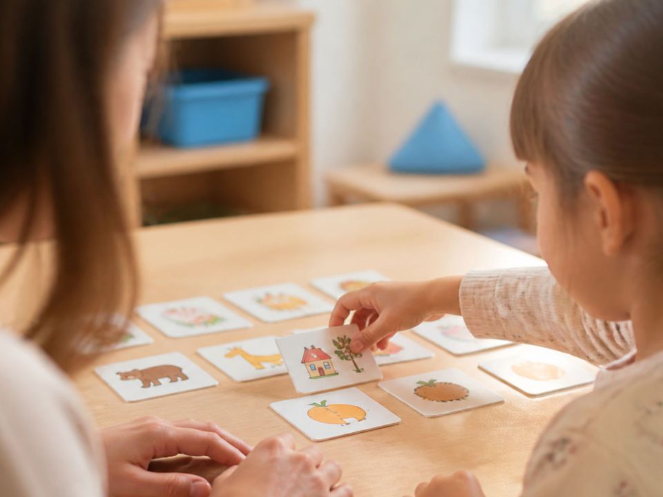 Ein Kind spielt mit der Kinderpflegerin Memory